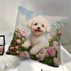 Cute White Poodle Pillow Cover Oil Painting Print Cushion Case Pet Lover Peony Flower Home Decor Gift
