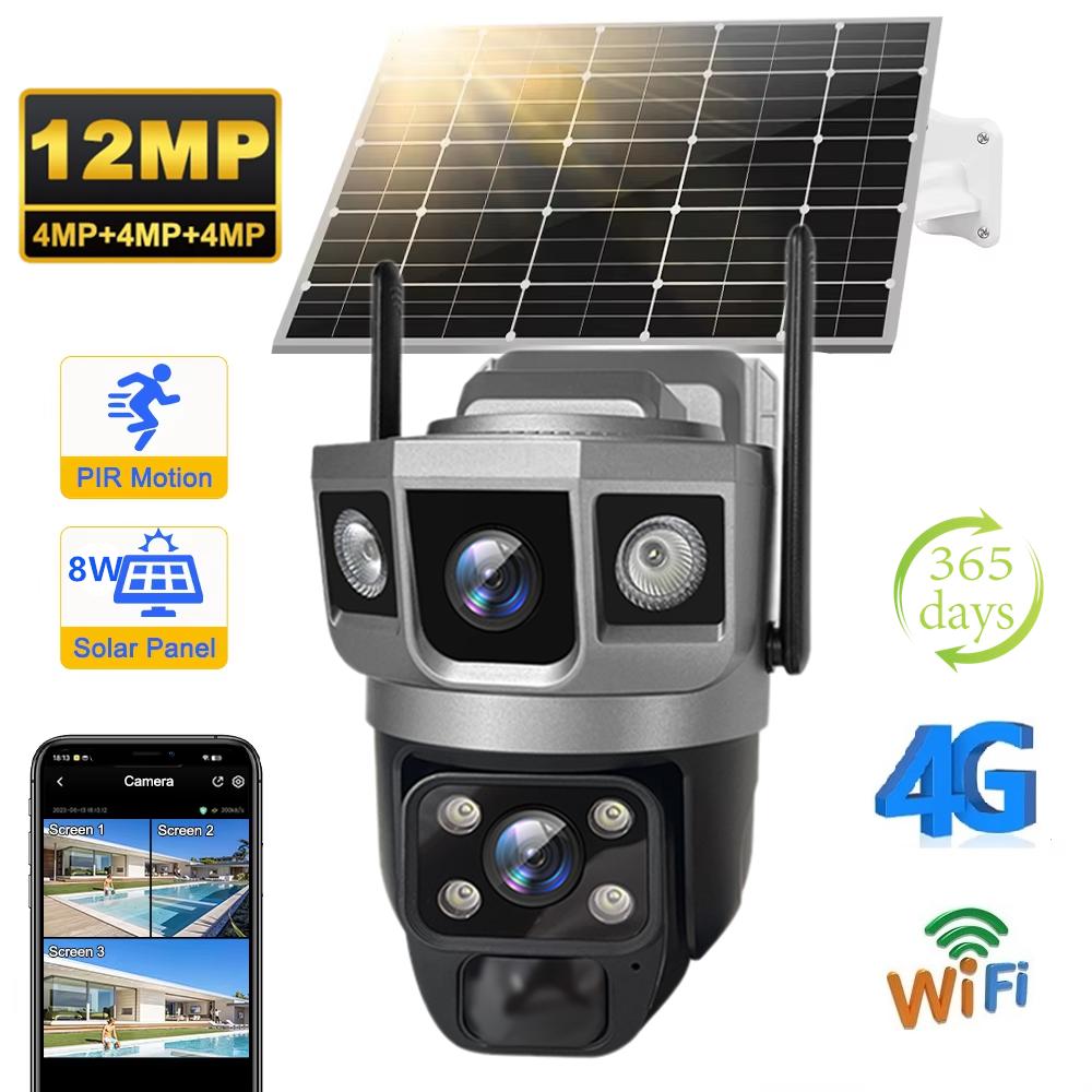 Solar-powered Surveillance Camera, HD 2-lens 3-screen Display, 10x Zoom, Automatic Human Detection Tracking, 4G/WIFI CCTV Recorder