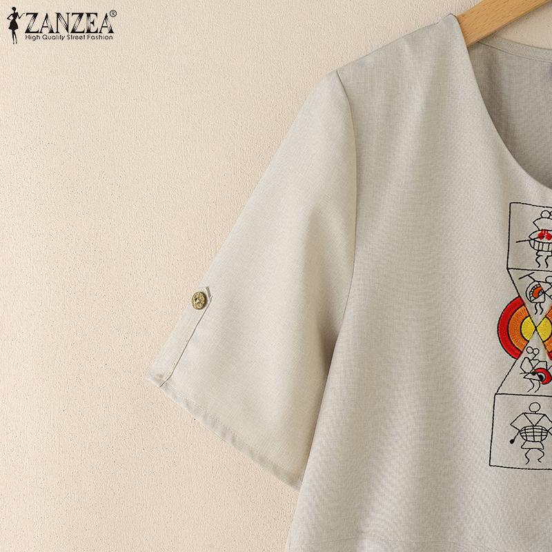 ZANZEA Women Casual Round Neck Summer Short Sleeve Print Blouse