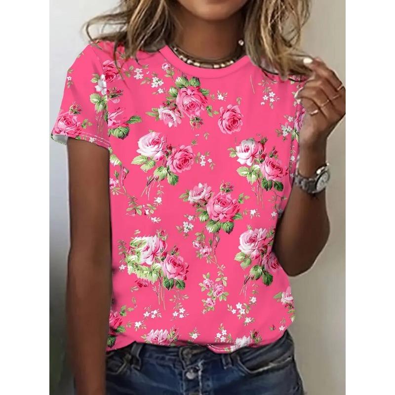 Women's Plus Size 3D Floral Printed Short Sleeved T-shirt, Loose and Casual, Soft, Comfortable and Breathable, Outdoor Sports