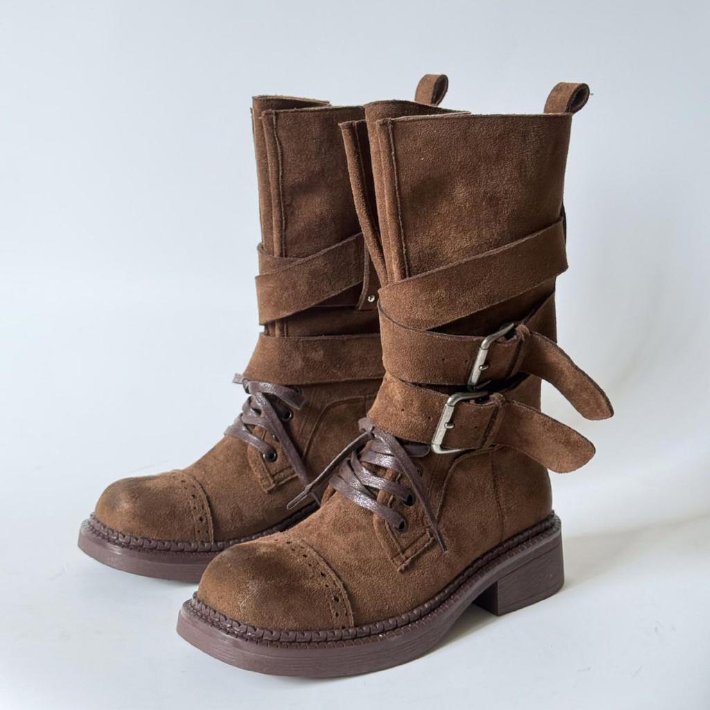 Damen 2025 Retro Schnür-Martin-Stiefel - Dicke Sohle Gürtelschnalle Mid-Calf Motorradstil