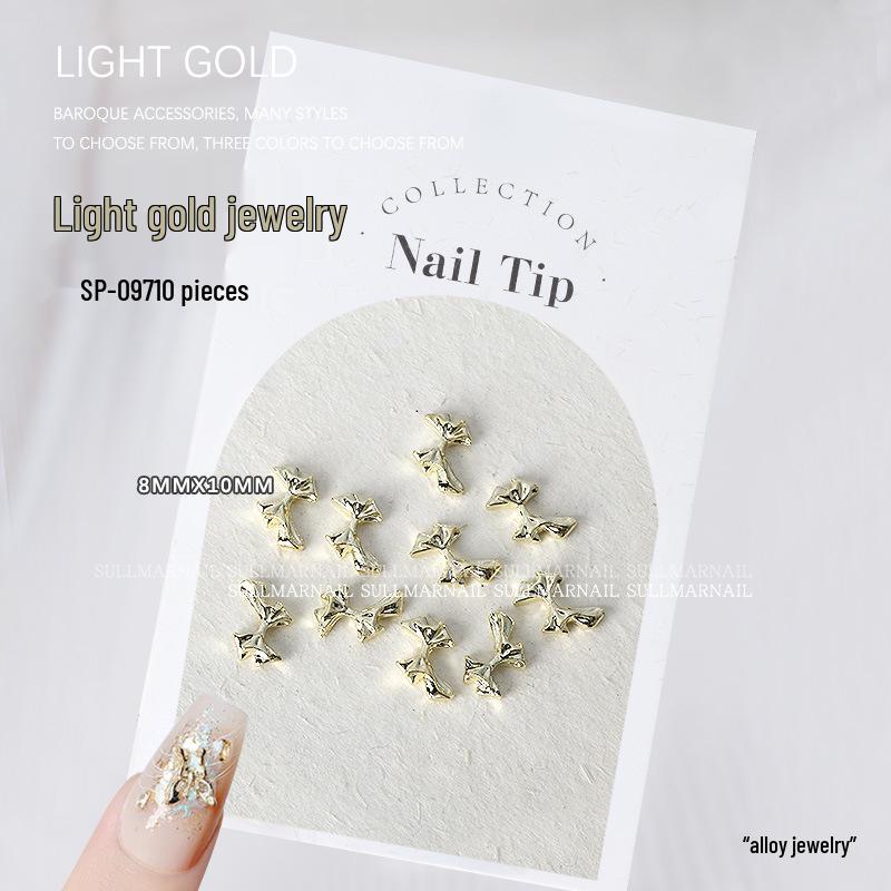 Golden Butterfly 3D Nail Art Set - 10 Pieces of Light Gold Ribbon Bow Decorations