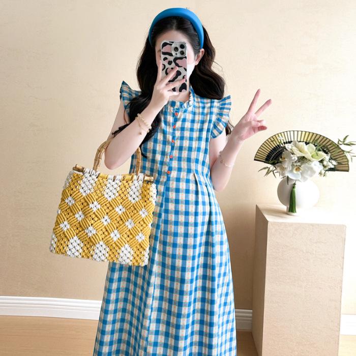2026 Summer Ruffle Plaid Maternity Dress - Sleeveless, High Waist, Tummy Covering Medium