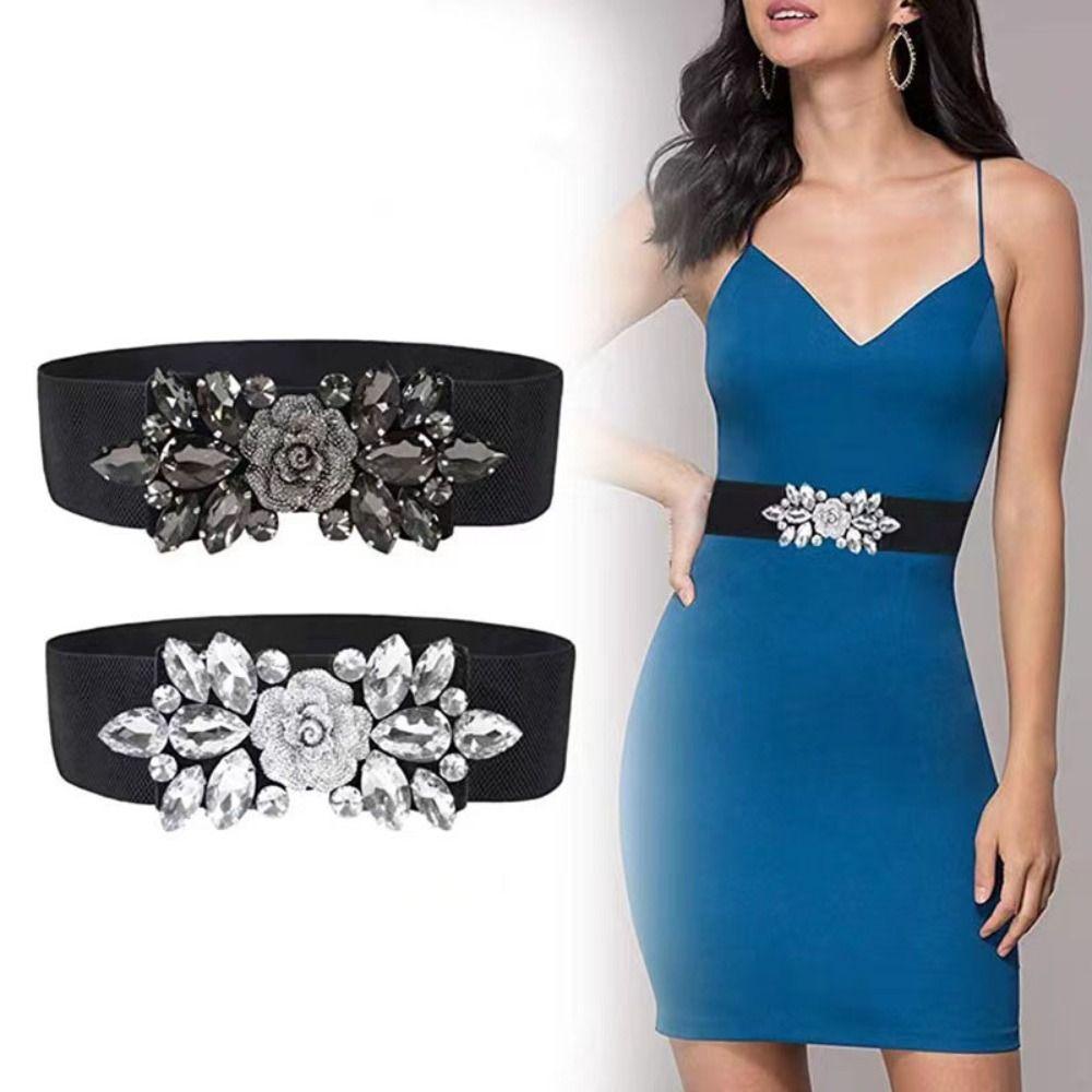 Korean Style Women Waistband Wide Rhinestone Waist Belt Simple Elastic Cummerbunds  Jacket