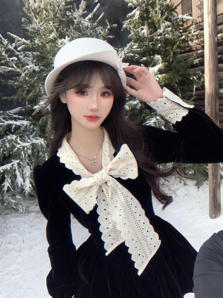 2025 Rich Girl Black Dress: Fragrant Style, Waist-Cinching Princess Dress for Autumn/Winter