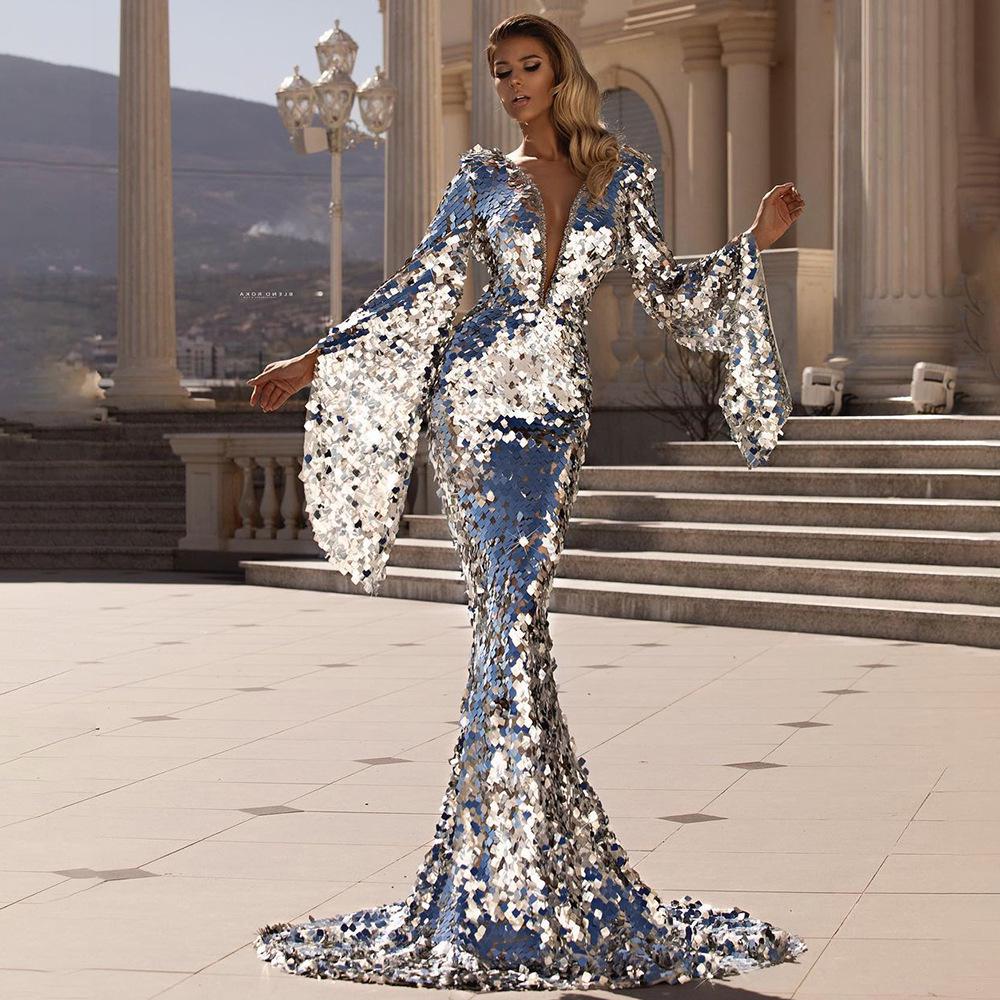 European-American Women's Silver Sequin Bodycon Evening Gown