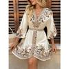 A New Summer Women's Dress with A Printed V-neck and Three-quarter Sleeves, Tied and Cinched Waist