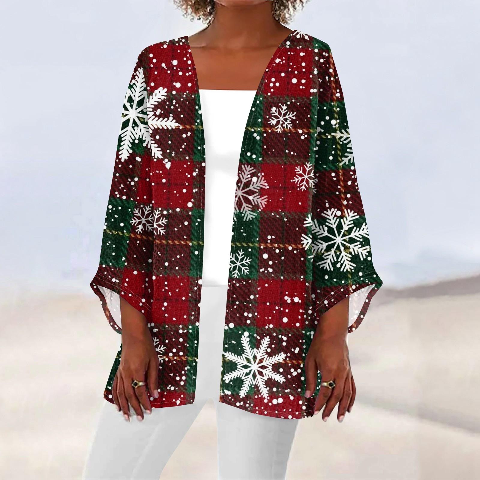 

Женская повседневная мода с рождественским принтом легкая куртка средней длины кардиган XXL