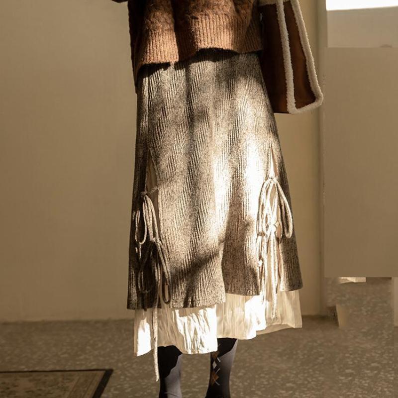 Damen Retro Japanischer Stil Brauner Midi-Rock Herbst Winter Maillard Asymmetrisch Büro Vielseitiger Freizeitrock