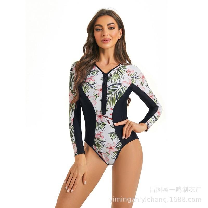 Womens Long Sleeve One-Piece Swimsuit With Printed Sporty Fit Swimming Water Activities