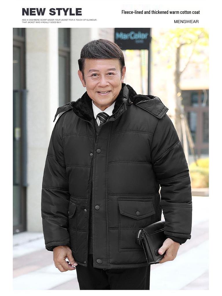 Men's Winter Down Cotton Jacket with Detachable Hood - Thick, Velvet-Lined, for Middle-Aged & Elderly, European Size.