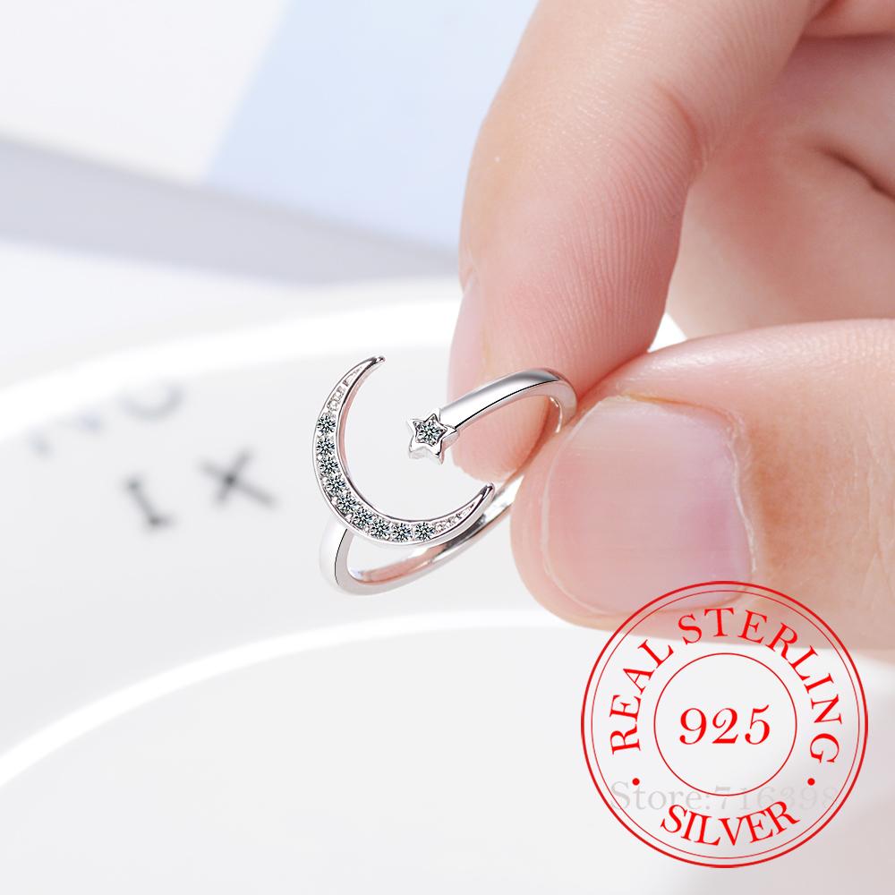 100% 925 Solid Real Sterling Silver Fine Jewelry Moon Star CZ Cocktail Opening Ring Sizable For Women Girl Gift