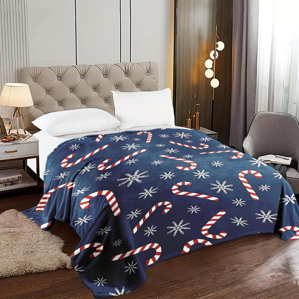 Christmas Candy Cane Snowflakes Print Throw Blanket - Festive Holiday Pattern Soft Lightweight Accent for Sofa Bed Travel