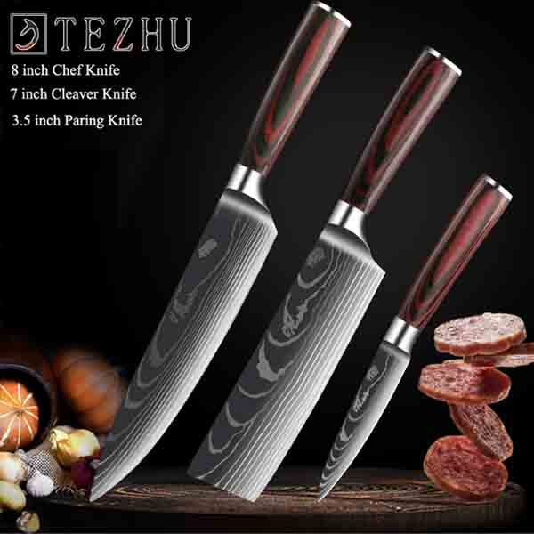 Japanese Chef Knife Set 3pcs Damascus Steel Pattern Kitchen Knives Sets Cleaver Paring Santoku Slicing Utility Knife