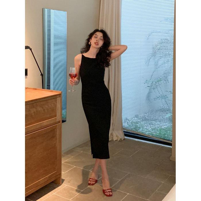 Elegant French Off-Shoulder Cinched Waist Slit Dress for Women L чёрный