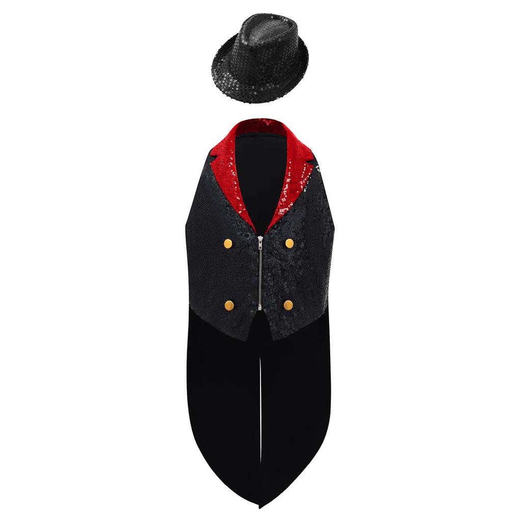 Kids Sequins Medieval Vest Victorian Tailcoat Lapel V Neck Front Zip Vest Solid Sequins Fedora Hat Circus Outfit