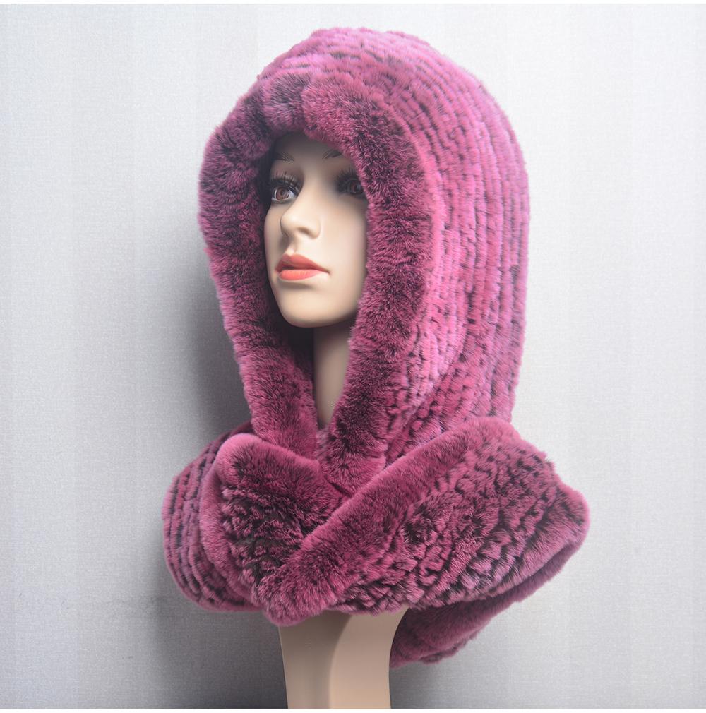 Hot Sale New Women Real Knitted Rex Rabbit Fur Hat Hooded Scarf Long Winter Warm Fur Hat With Neck Collar Scarves Hat Scarf