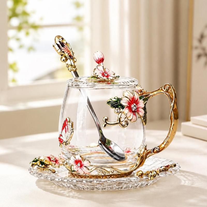 Clear Glass Tea Cup Set with Lid Spoon and Tray, Butterfly Cup Service for Breakfast Beverage and Household Use