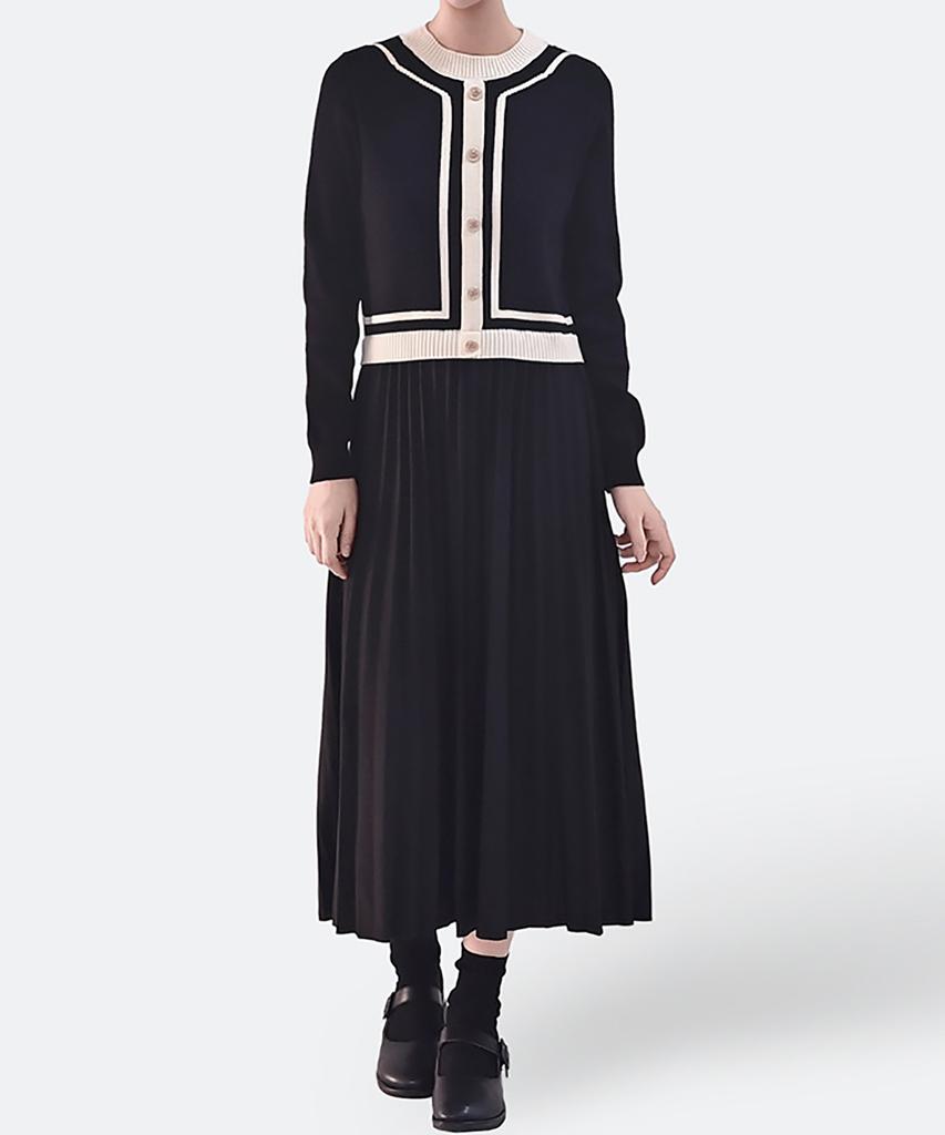 Keulleiseu Wedding Guest Look Color-Blocked Pleated Long Knit Dress_Ivory
