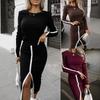 Abiti casual a maniche lunghe con scollo a V e stampa a tinta unita, autunno inverno, da donna