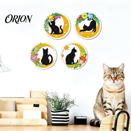 Boho Cat Wall Decorations 4Pcs Wooden Decor, 2D Flat Round Art with Flower Rustic for Home Moon Elements, Lightweight Decorative Hanging Signs Living