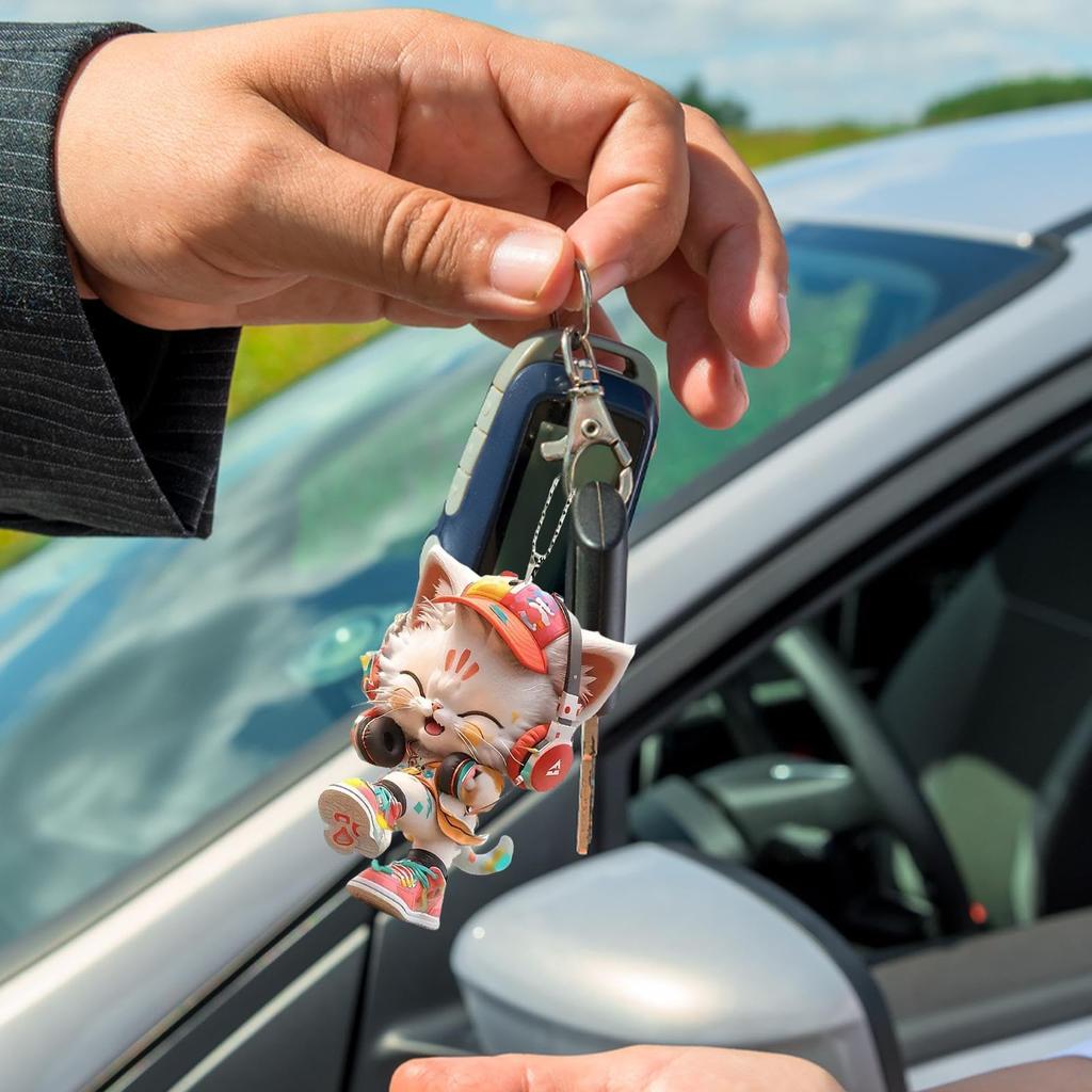 Acrylic Cat Car Pendant, Acrylic Cat Decoration, Kitten Car Charm with Headphones, 2D Acrylic