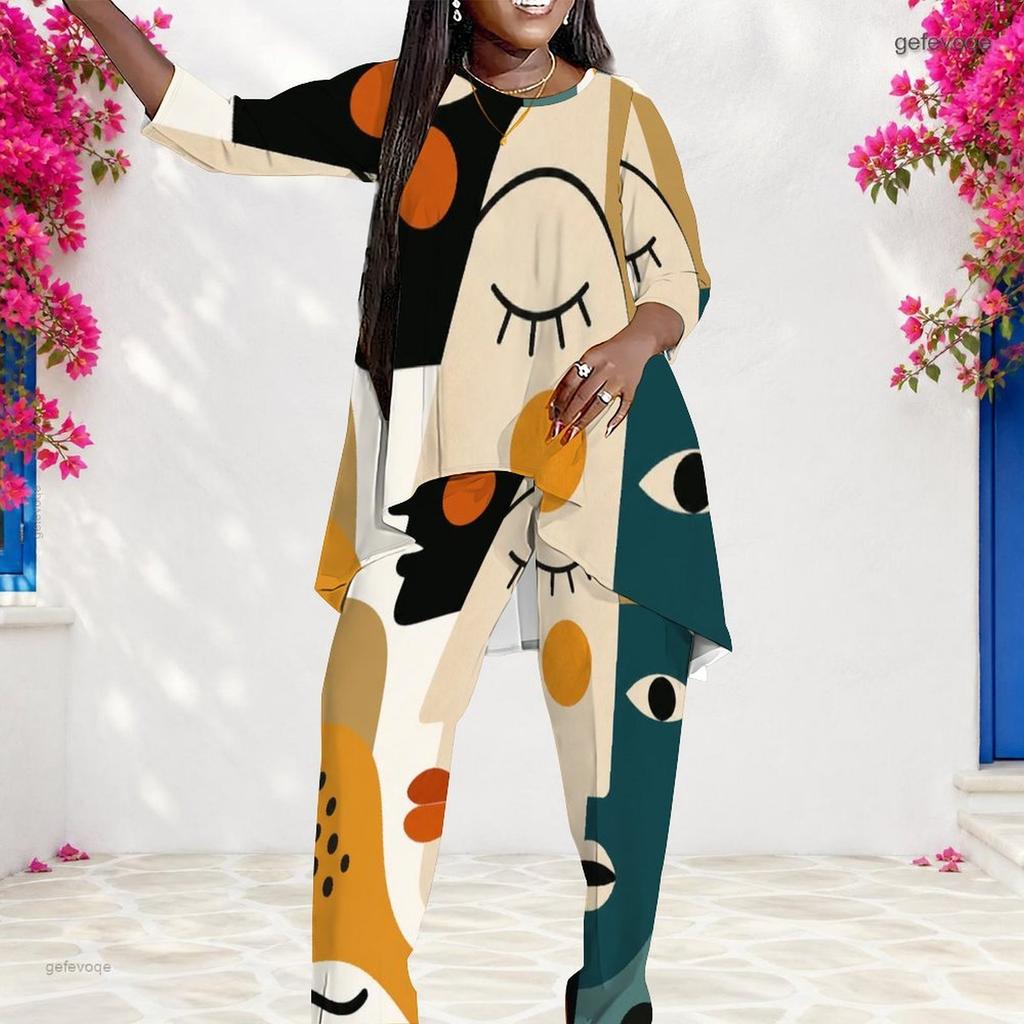 Women Plus Size Round Neck Long Sleeve Abstract Printed Irregular Top And Long Pants Two Piece Set