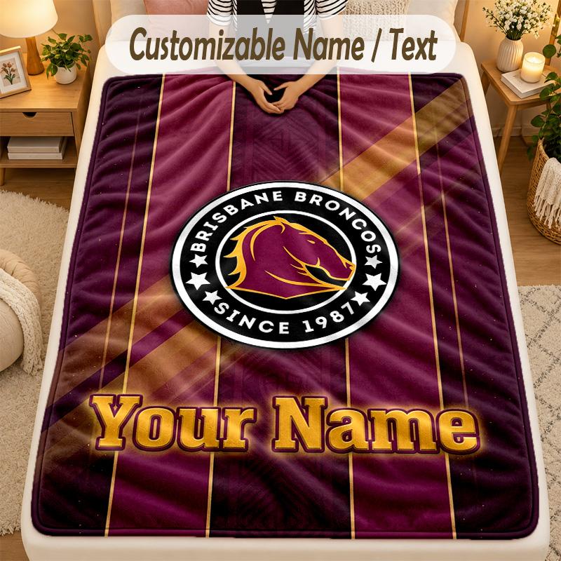 Flannel BlanketBrisbane Broncos Custom Name Text Personalized Soft Warm Throw Blanket Home Decor Gift