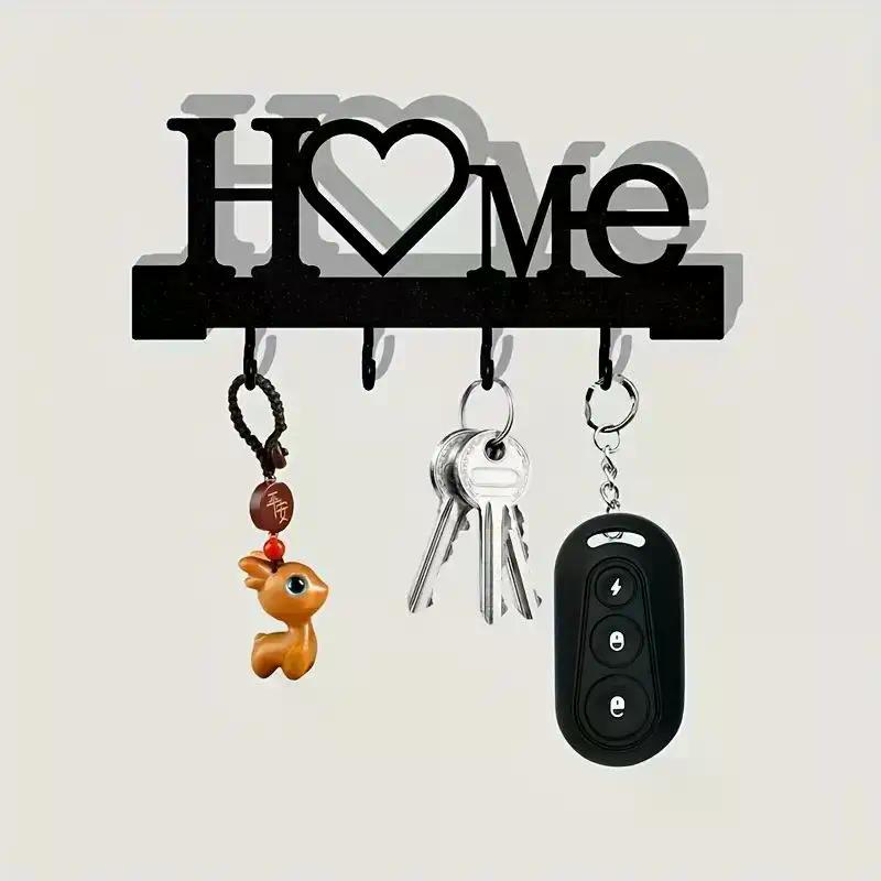"Home Love" Shaped Key Holder With Hooks - No-Drill Wall Mount, Metal Organizer For Living Room Decor,Key Rack | Key Hanger Wall