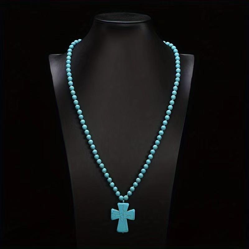 JMXD-Bohemian Ethnic Wind Cross Necklace Handmade Beaded Turquoise Long Necklace Simple Wind Cross Pendant