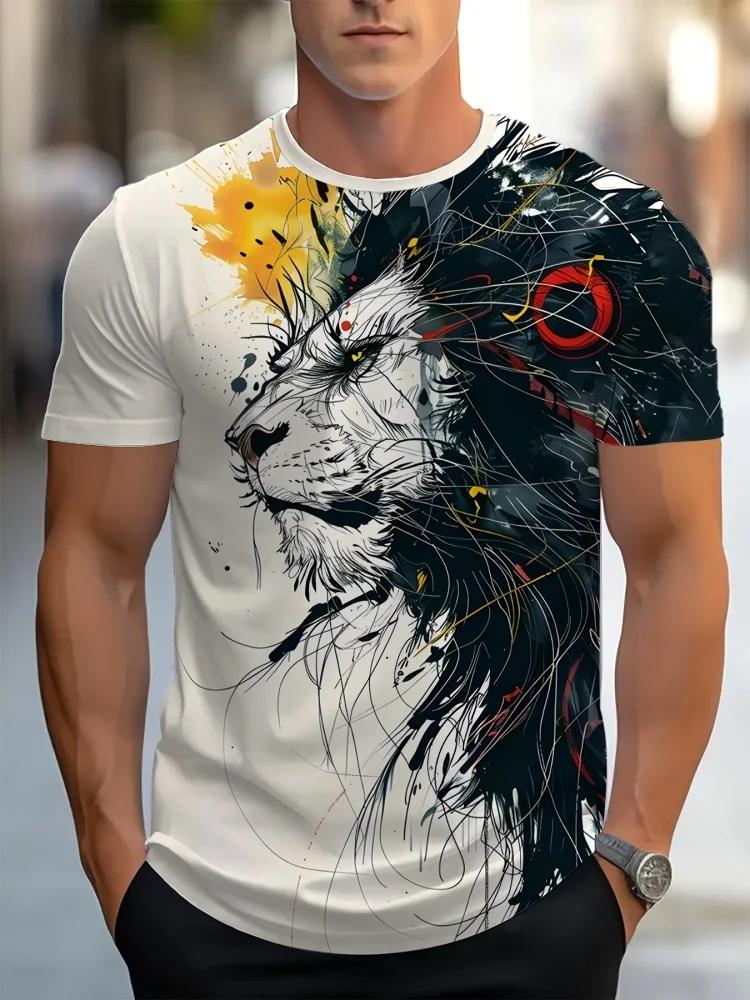 Sommer Tägliches Lässiges Herren Kurzarm Oberteil Neues Outdoor Sport Herren Locker T-Shirt Urban Street 3D Löwen Druck Herren T-Shirt
