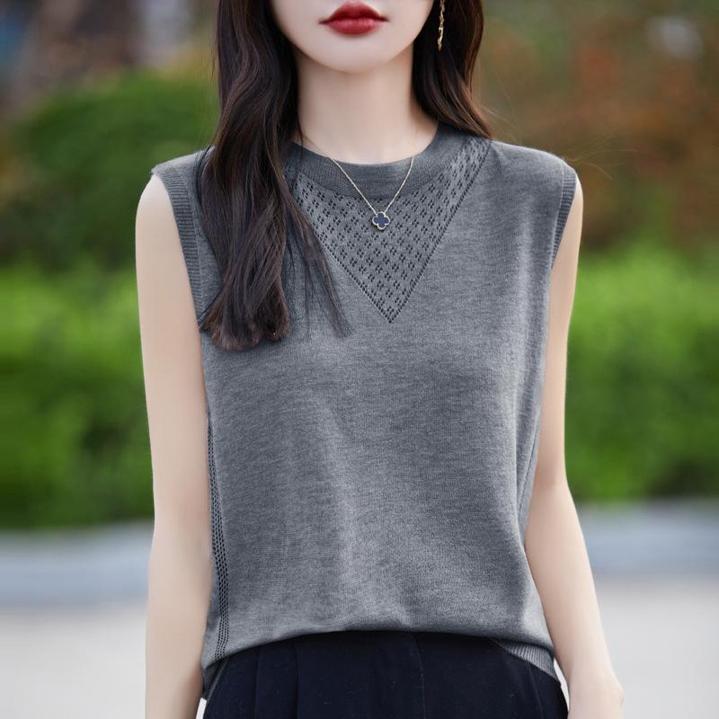 Crew Neck Knitted Vest For Women Summer New Temperament Versatile Thin Sleeveless Suspender Hollow Top S