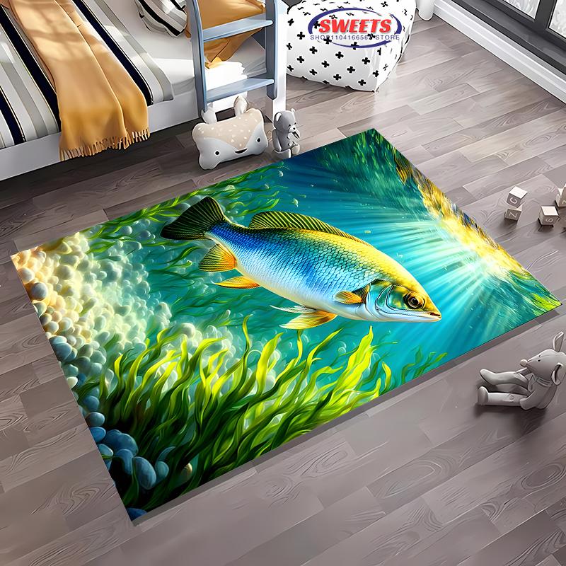 3D Deep Sea Fish Theme Carpet New Release! Rug for Living Rooms Bedrooms, Office Areas, Durable Machines Washable all season Mat