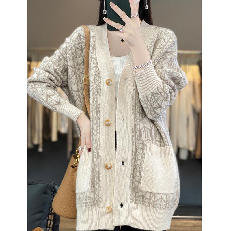 Women's Color Block Wool Cardigan Coat with Pockets
