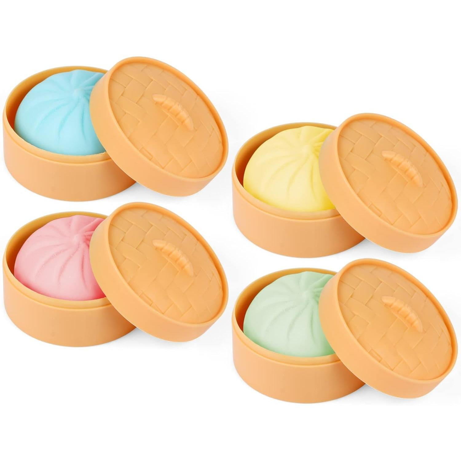 

4 PCS Colorful Dumpling Stress Balls Fidget Sensory Toy,Squeeze Dough Ball Stress Relief Hand Toy,Bun with Food Steamer Stretchy Desk Toys F1
