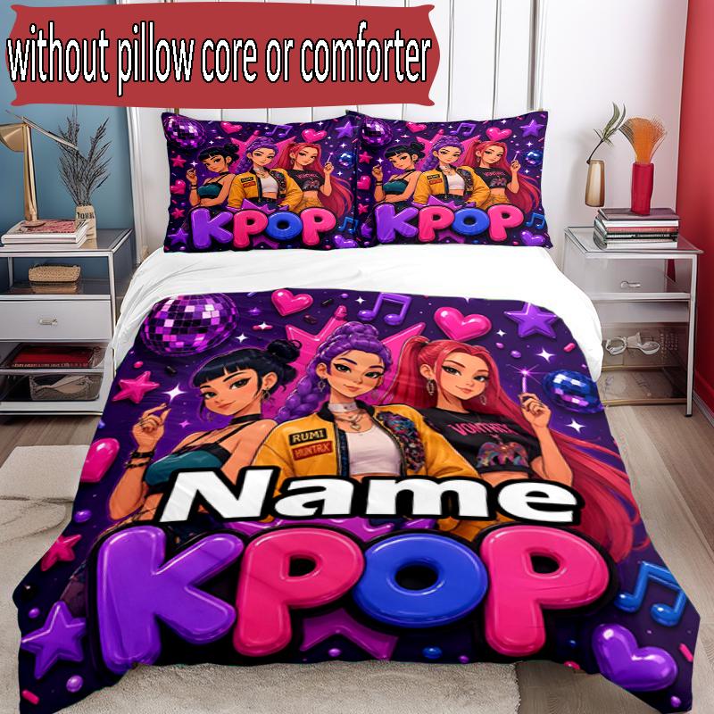 3pcs Duvet Cover Set (1*Duvet Cover + 2*Pillowcase, Without Core), Custom Name KPop Hunters Pattern Bedding Set, Home Bedroom Decor Gift