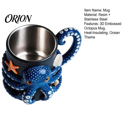 Novedad Utensilios de Cocina para Bebidas Taza de Pulpo con Asa, Diseño de Relieve de Profundidad Resina Acero Inoxidable Revestimiento Seguro Taza de Café, Taza de Beber Termoaislante para
