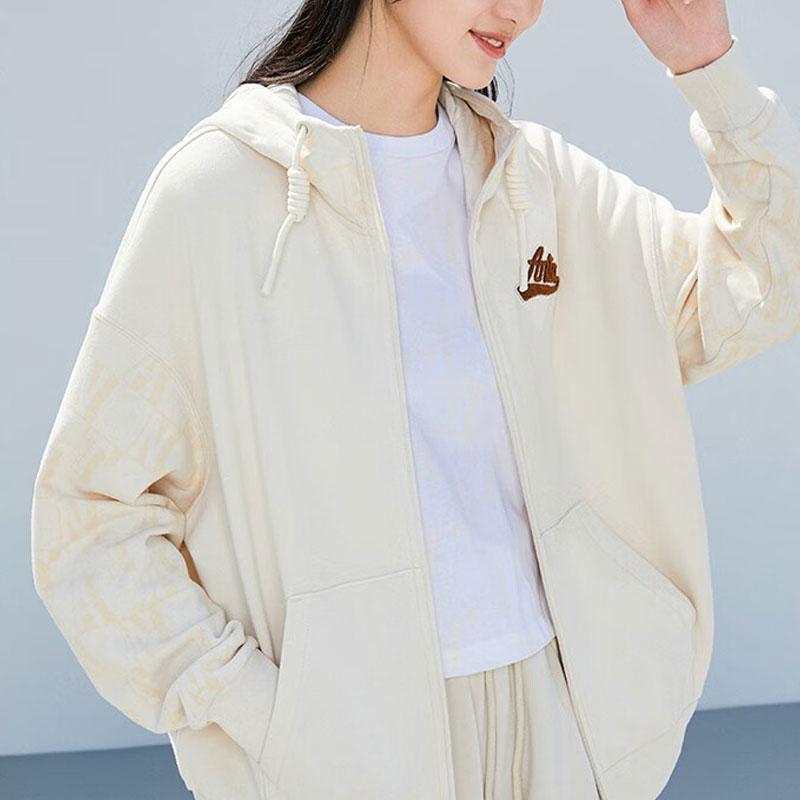 Anta Lifestyle Series Frisbee Alliance Letter Logo Printed Hooded Knit Jacket Women jackets Stone-White 162338723-1