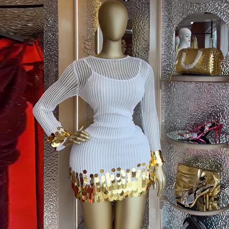 2026 Spring Elegant Sequin Patchwork Women s Camisole Dress XL белый