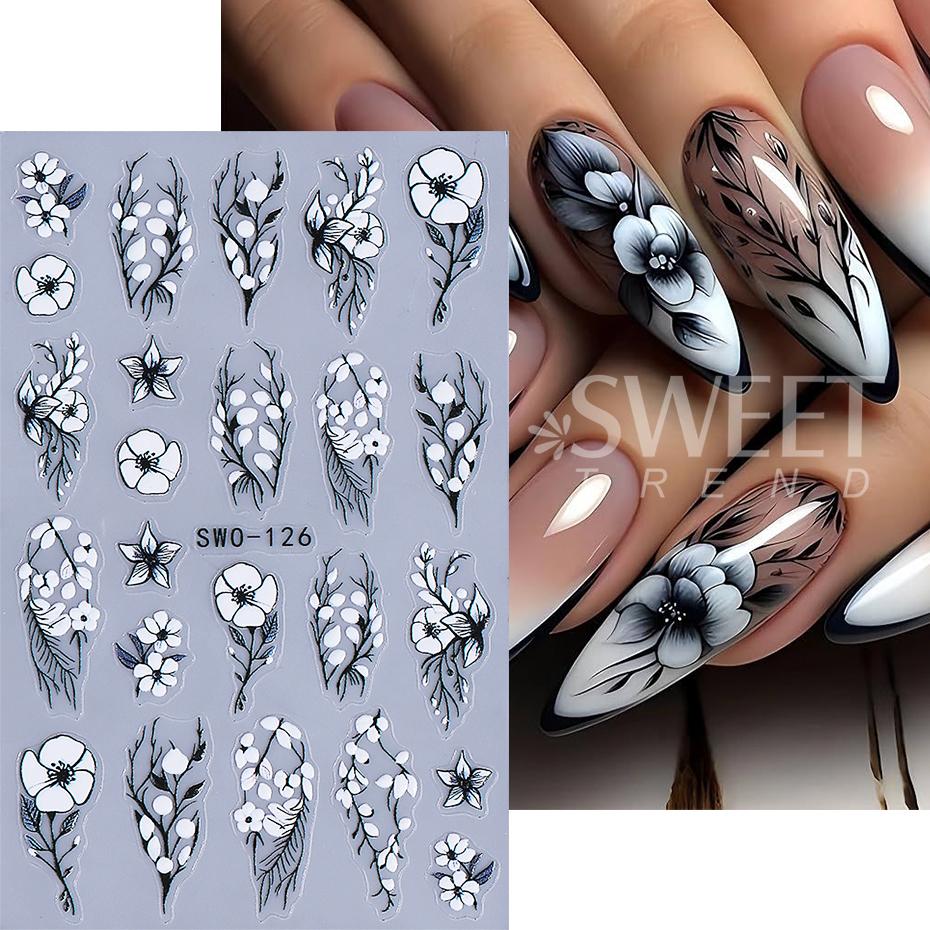 3pcs White Flower Nail Stickers Elegant Lace Rose Floral Petals Leaves Nail Decals DIY Self-Adhesive Slider Manicure Decoration