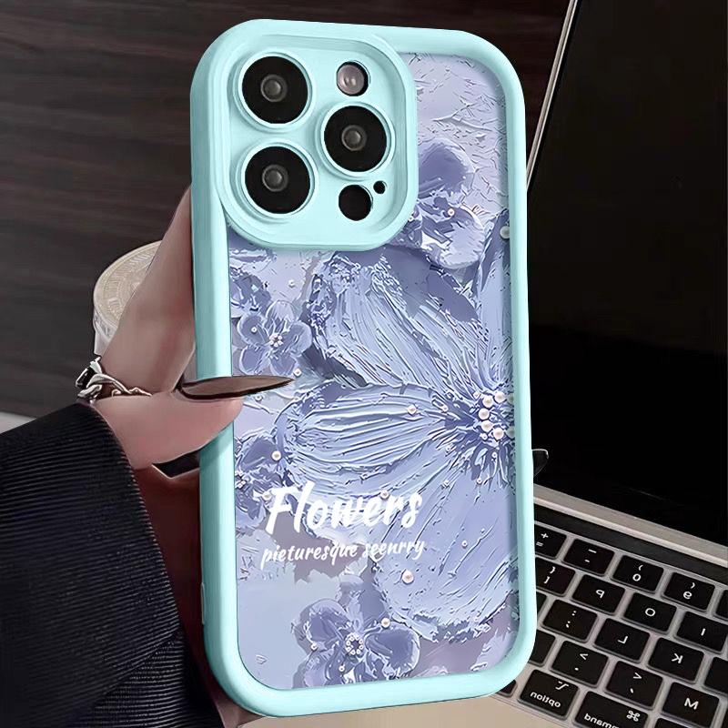 Candy Color Tpu Soft Phone Case for iPhone 16 Pro 15 14 Plus 13 12 11 Pro Max Xs Xr 8 7 Shockproof Relief Blue Flower Pattern Lens Protection Cover