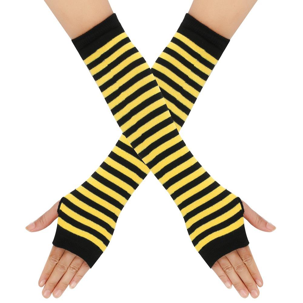 Y2K Lolita Damen Mädchen Gestreifte Handschuhe Wärmende Strick Lange Gestreifte Fingerlose JK Handschuhe Ellbogenfäustlinge Party Lolita Accessoires