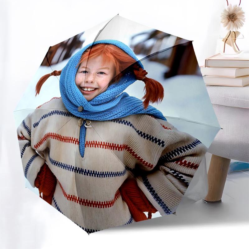 Ombrello da Viaggio a Tema Pippi Calzelunghe - 8 Stecche, Apertura e Chiusura Automatiche, Design Pieghevole Portatile, Ombrello Compatto ed Elegante Adatto