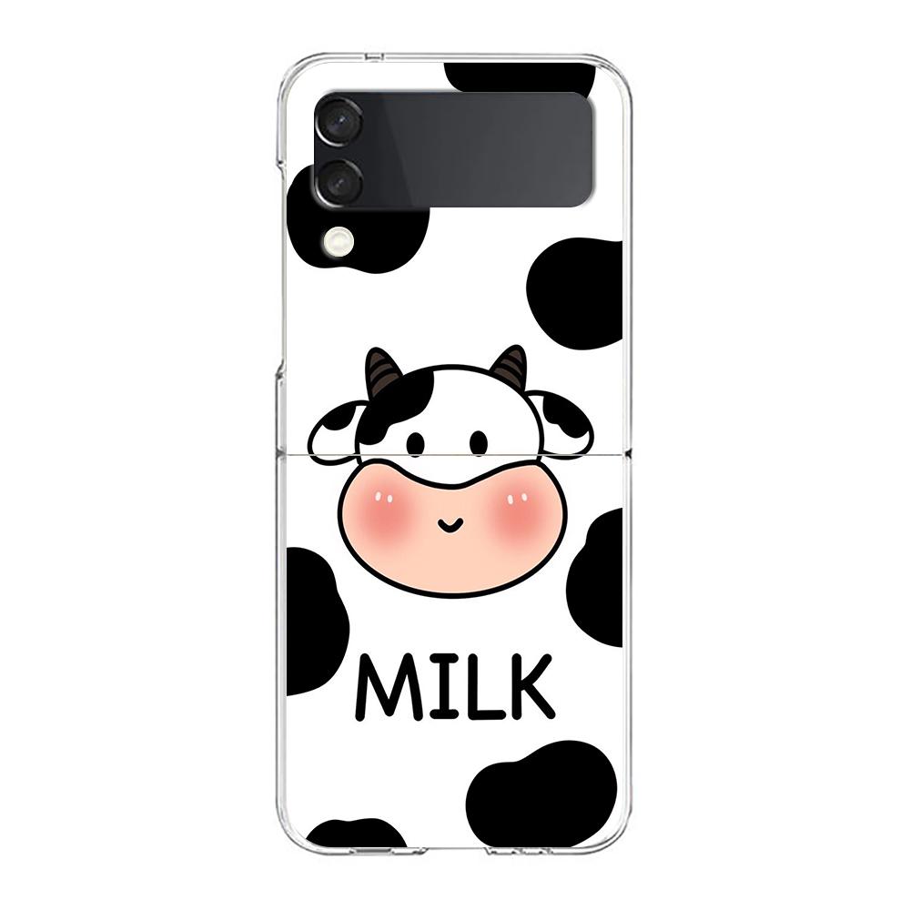 Transparent Phone Case For Samsung Galaxy Z Flip 3 4 5 6 7 Hard Folding PC Z Flip3 Flip4 Cover Dairy Cattle Cow Speckle Cute