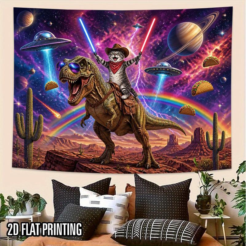 2D Flat, 2D Flat Print 1pc Tapestry Cat on T-Rex Space Adventure Tapestry Photo Booth Backdrop Suitable for Parties, Decor, Themed Events, Photography