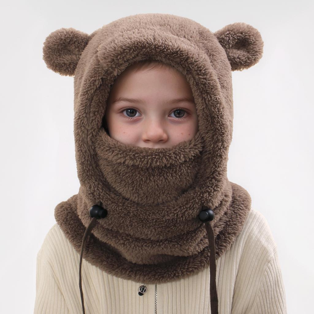 Kids Thermal Hat with Face Cover Animal Ear Flap Winter Warm Balaclava Style Integrated Neck Warmer Windproof Cold Weather Hood for Children