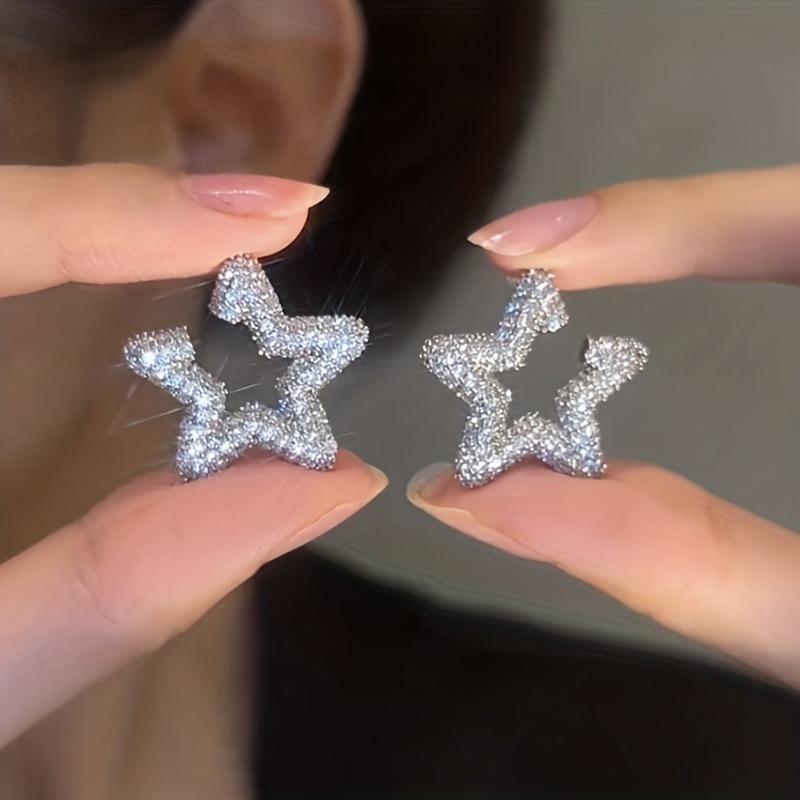 Shiny Rhinestone Crystal Open Star Stud Earrings