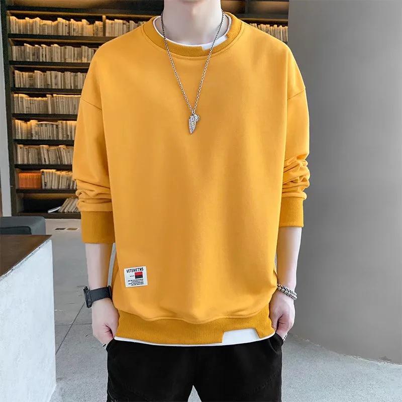 Men's Korean Style Loose Round Neck Long Sleeve Sweatshirt - Fake Two-Piece, Plus Velvet, Versatile Trendy Autumn/Winter Fashion Top
