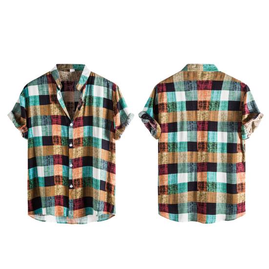 Stand Collar Short Sleeve Men Shirt Buttons Closure Men Plaid Printed Shirt Streetwear