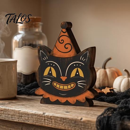 Vintage Style Wood Statues Halloween Wooden Ornaments, Cute Bat/Black Cat/Owl/Pumpkin/Ghost/Skull Decorations, Retro Rustic Pumpkin Ghost Cat